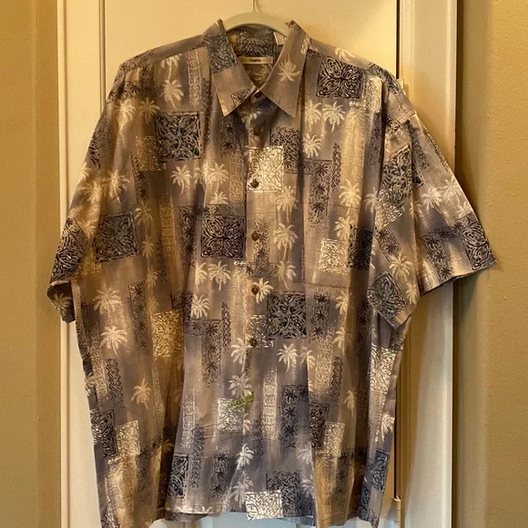 Moda Campia men’s button down shirt grey’s black & white palm trees - Picture 2 of 6